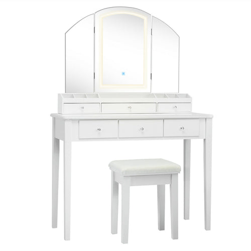 Vanity Table Stool Set, Large Tri-Folding Lighted Mirror, White