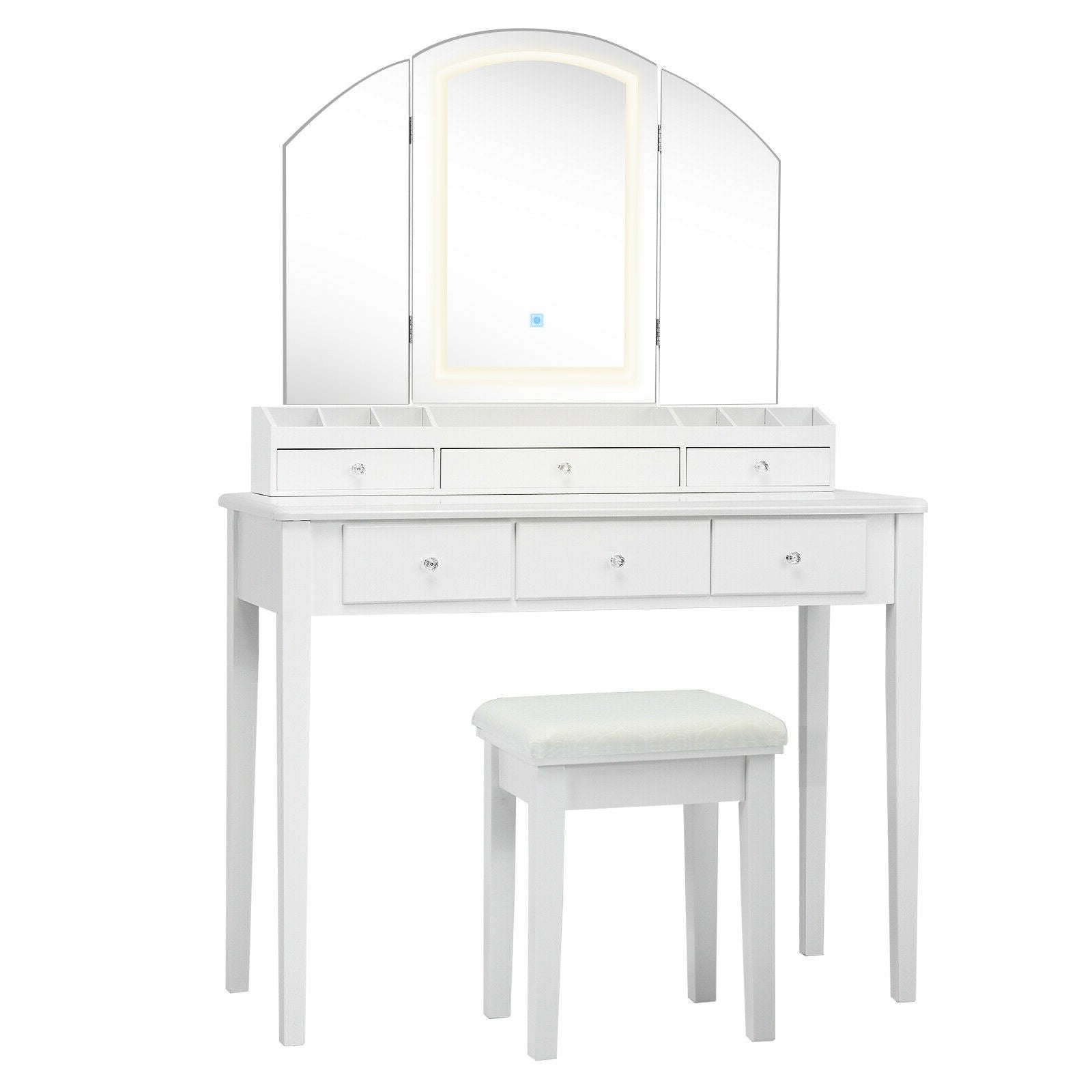 Vanity Table Stool Set with Large Tri-folding Lighted Mirror, White Makeup Vanities White at Gallery Canada