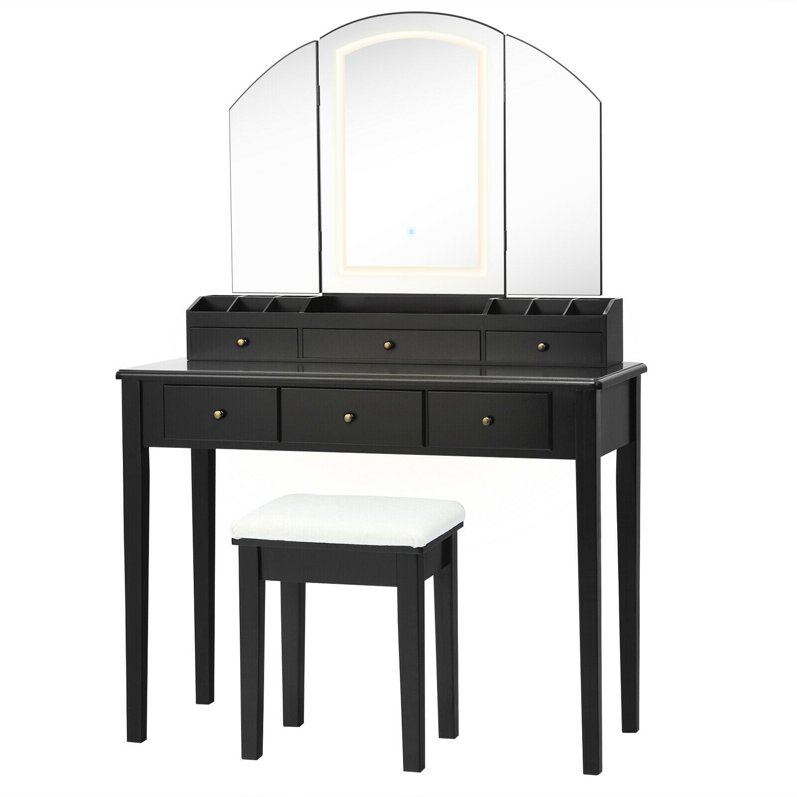 Vanity Table Stool Set with Large Tri-folding Lighted Mirror, Black Makeup Vanities at Gallery Canada