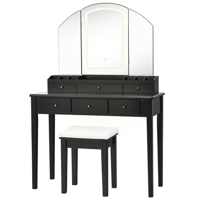 Vanity Table Stool Set with Large Tri-folding Lighted Mirror, Black Makeup Vanities at Gallery Canada