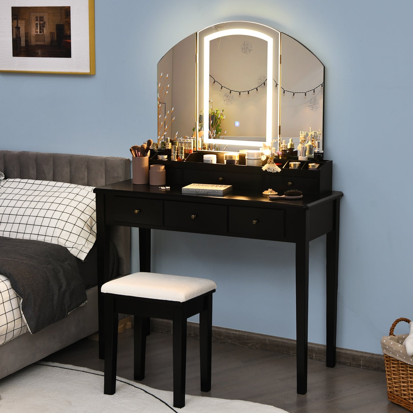 Vanity Table Stool Set with Large Tri-folding Lighted Mirror, Black Makeup Vanities at Gallery Canada