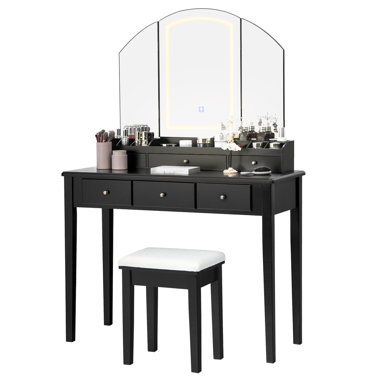 Vanity Table Stool Set with Large Tri-folding Lighted Mirror, Black Makeup Vanities at Gallery Canada