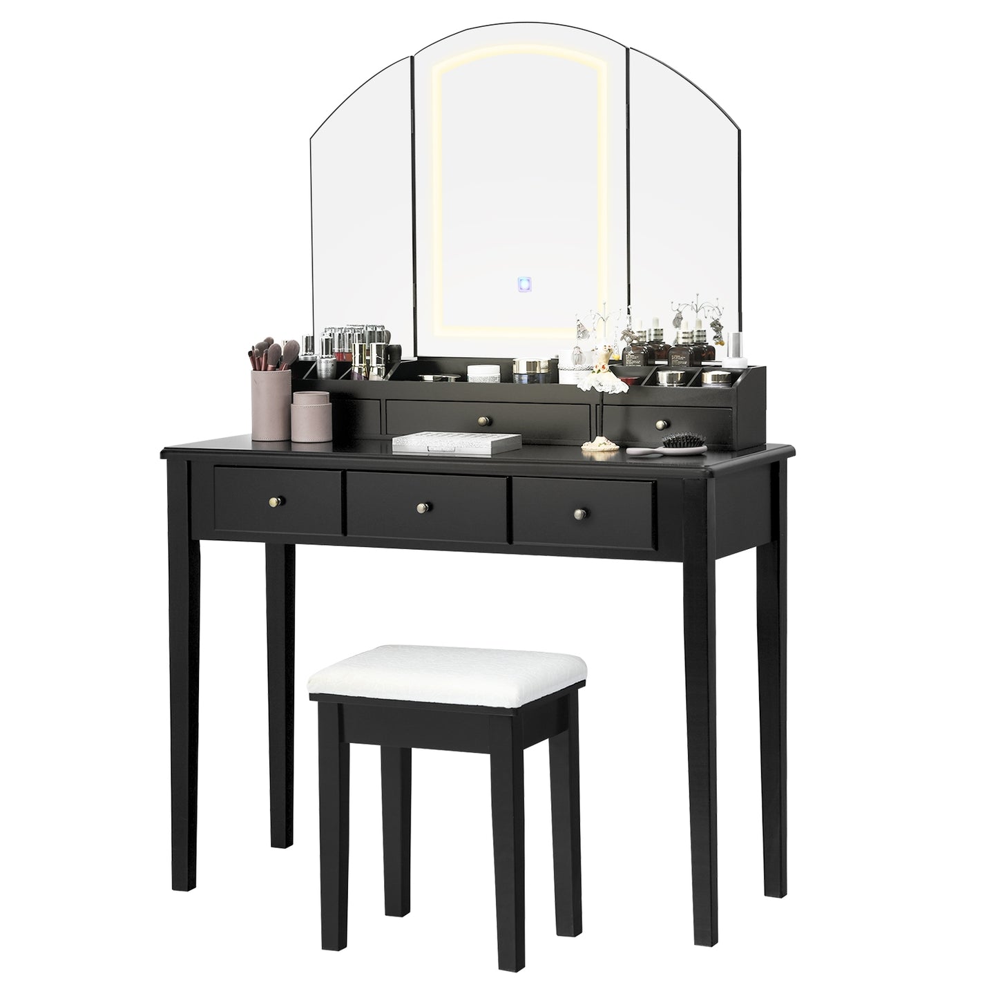 Vanity Table Stool Set with Large Tri-folding Lighted Mirror, Black Makeup Vanities at Gallery Canada