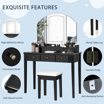 Vanity Table Stool Set with Large Tri-folding Lighted Mirror, Black Makeup Vanities at Gallery Canada
