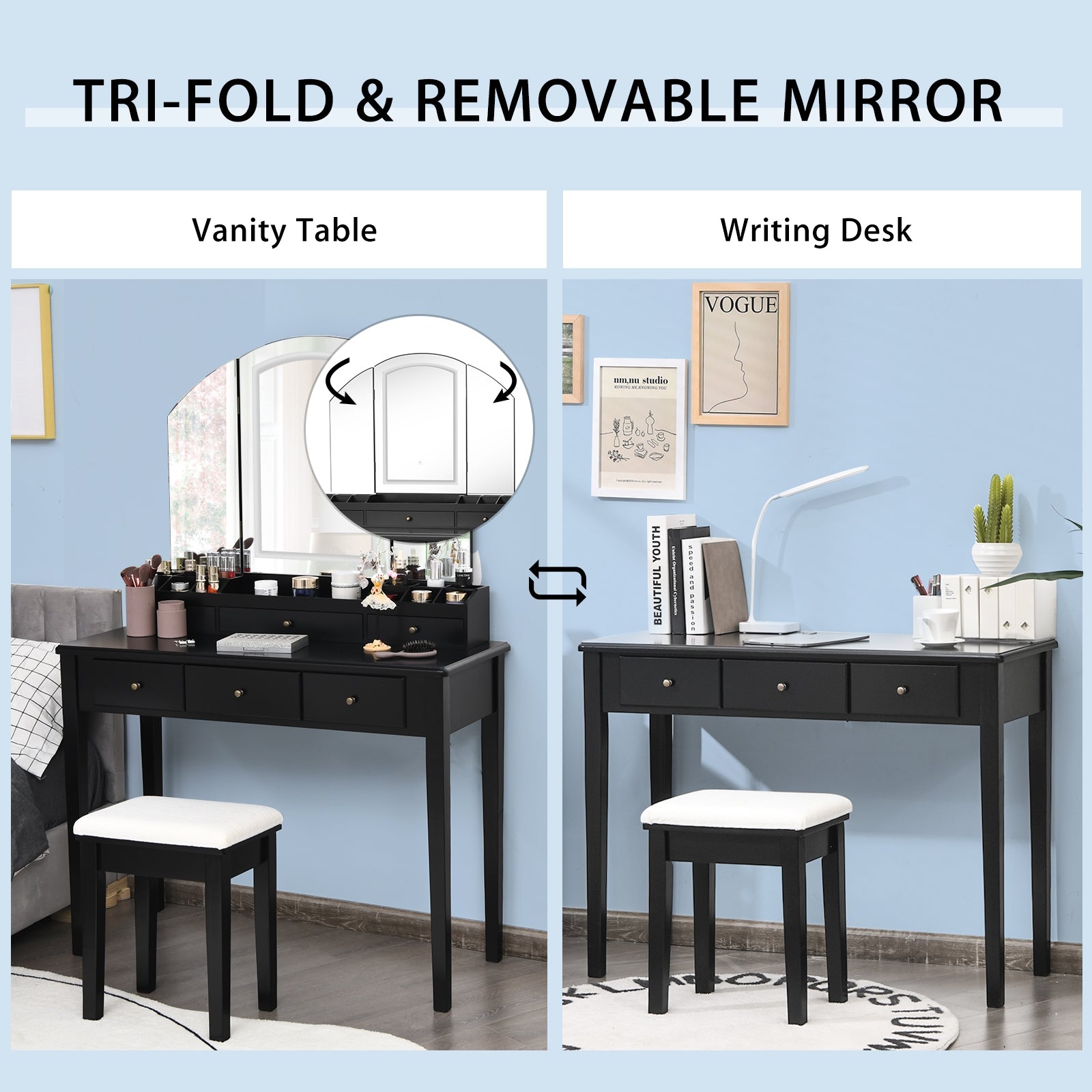 Vanity Table Stool Set with Large Tri-folding Lighted Mirror, Black Makeup Vanities at Gallery Canada