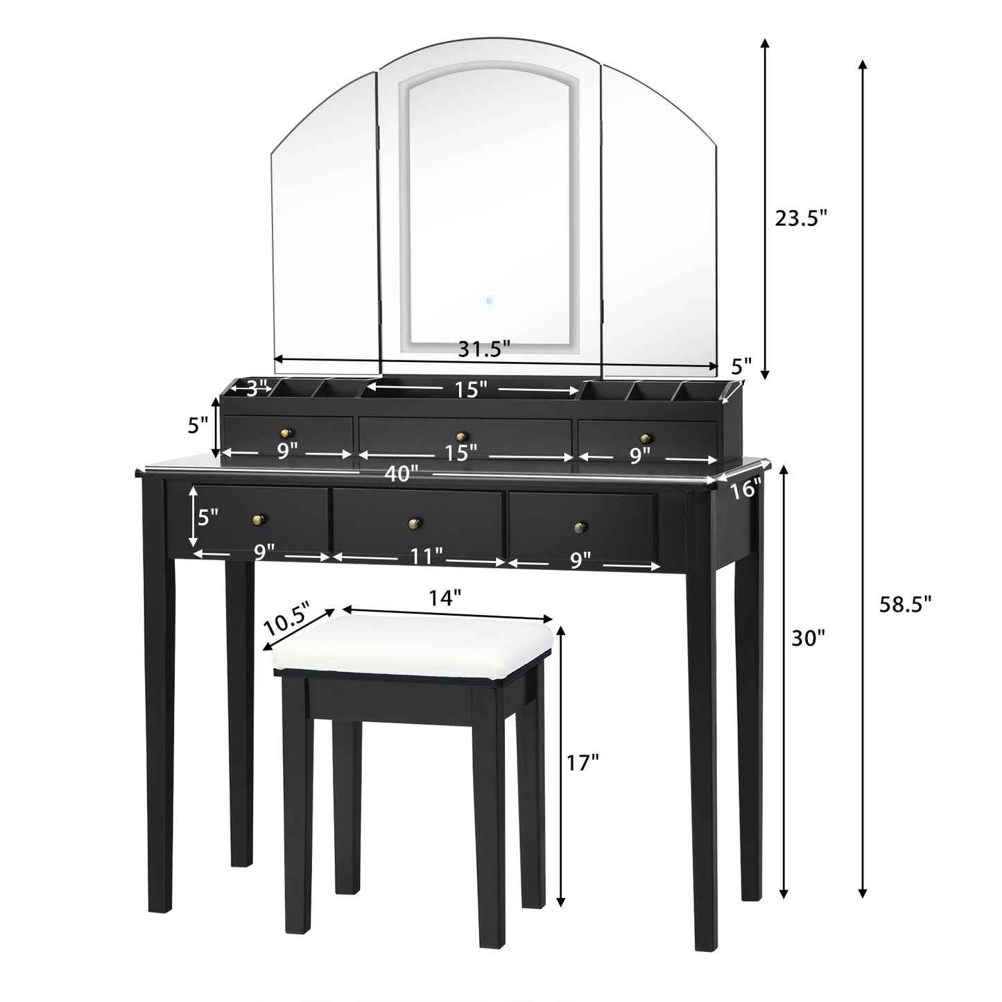 Vanity Table Stool Set with Large Tri-folding Lighted Mirror, Black Makeup Vanities at Gallery Canada
