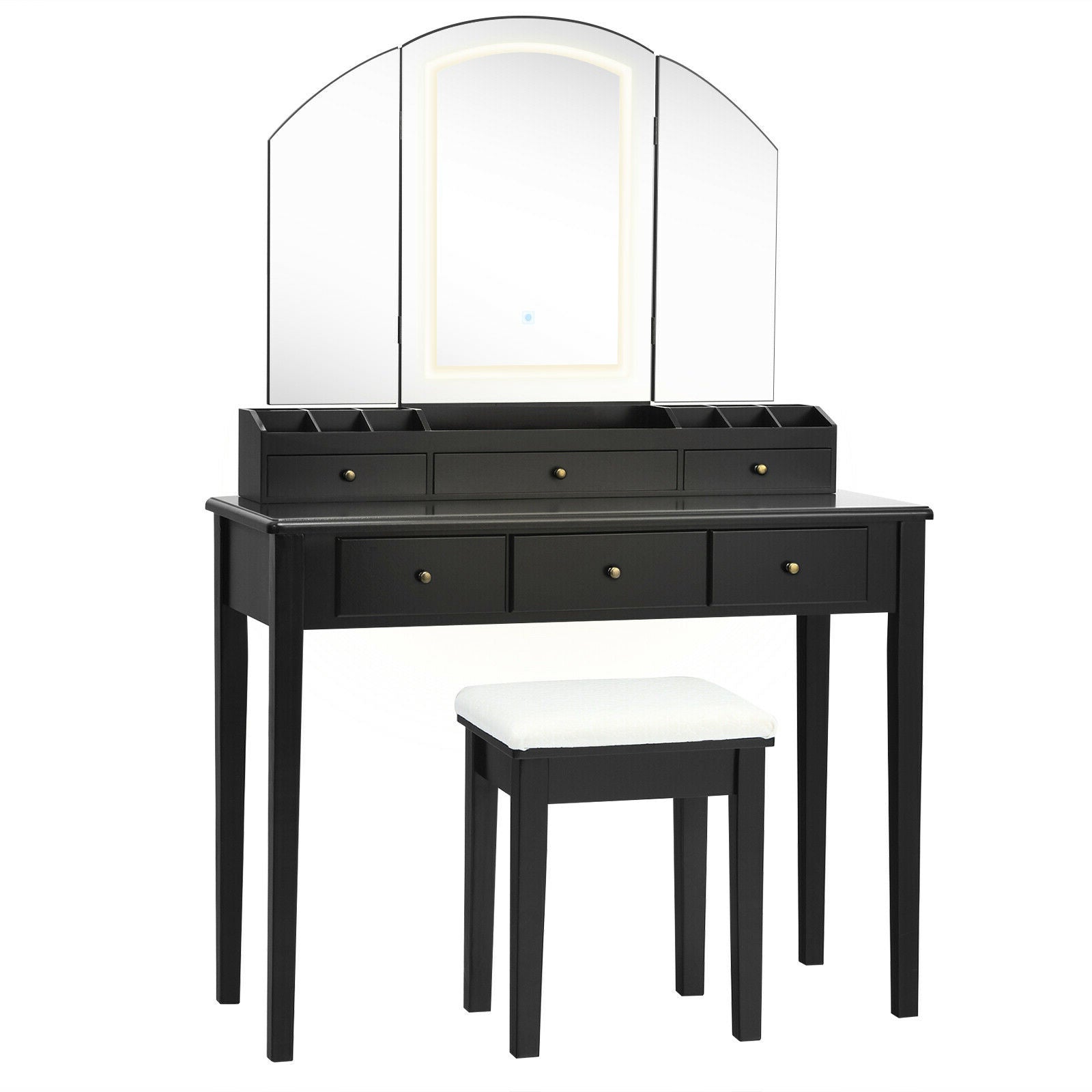 Vanity Table Stool Set with Large Tri-folding Lighted Mirror, Black Makeup Vanities Black at Gallery Canada