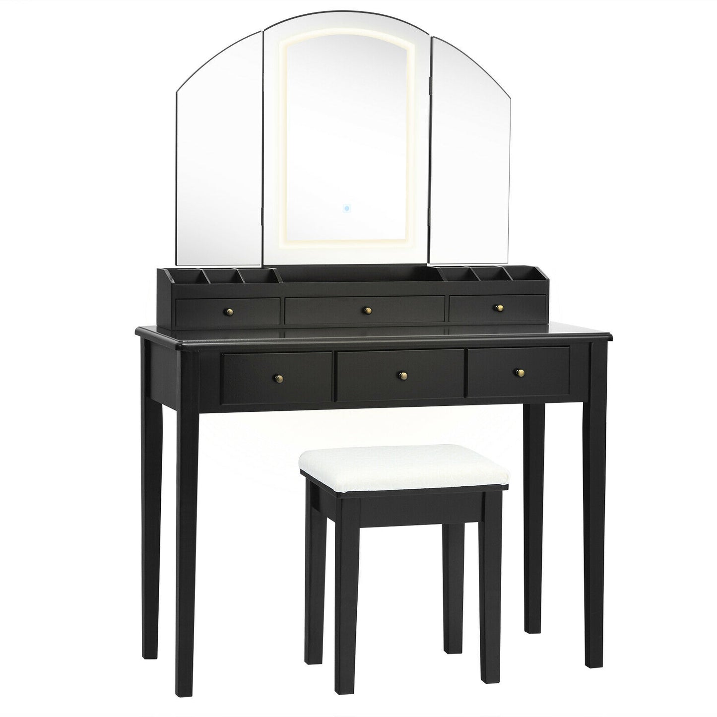Vanity Table Stool Set, Large Tri-Folding Lighted Mirror, Black Makeup Vanities at Gallery Canada