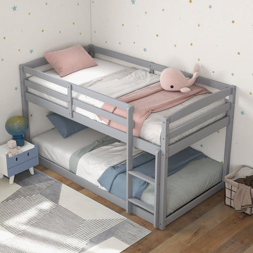 Twin Size Bunk Bed with High Guardrails and Integrated Ladder, Gray