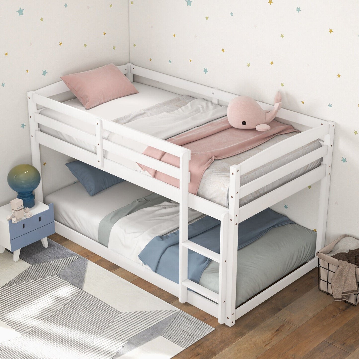 Twin Size Bunk Bed with High Guardrails and Integrated Ladder, White - Gallery Canada