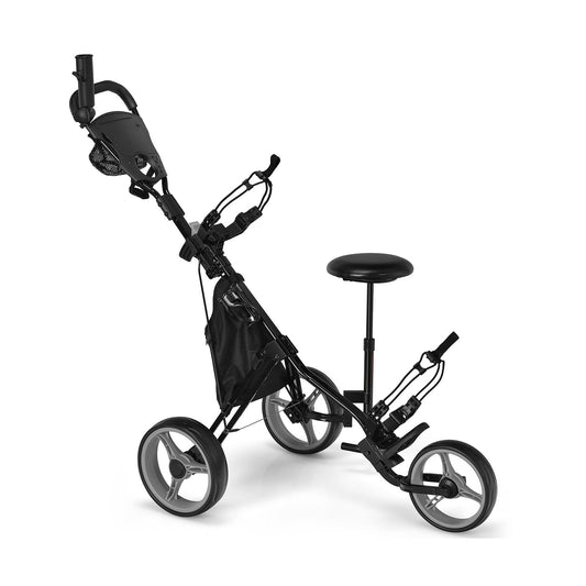 3 Wheels Folding Golf Push Cart with Seat Scoreboard and Adjustable Handle, Gray - Gallery Canada