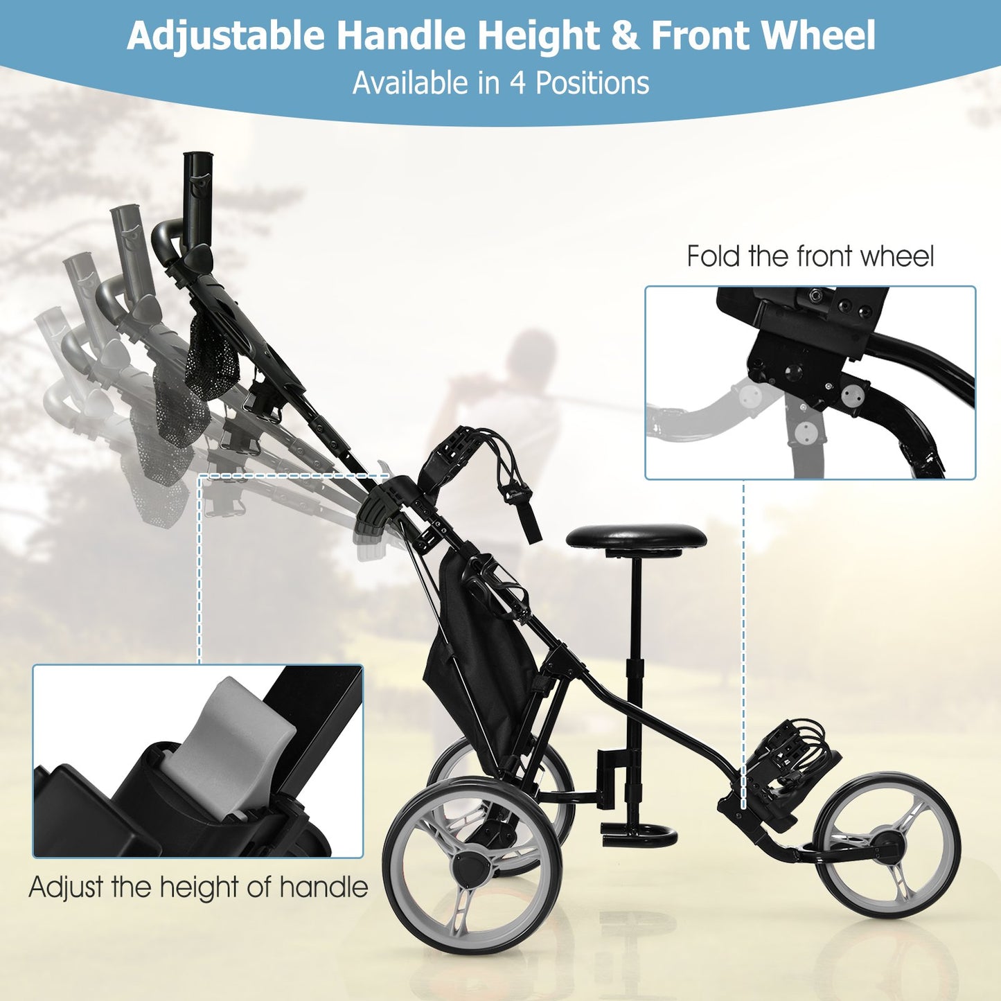3 Wheels Folding Golf Push Cart with Seat Scoreboard and Adjustable Handle, Gray - Gallery Canada