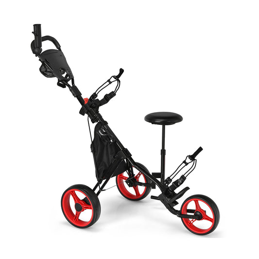 3 Wheels Folding Golf Push Cart with Seat Scoreboard and Adjustable Handle, Red - Gallery Canada