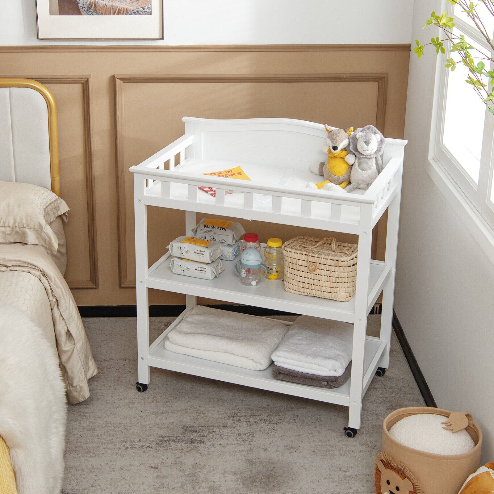 Mobile Changing Table with Waterproof Pad and 2 Open Shelves, White at Gallery Canada