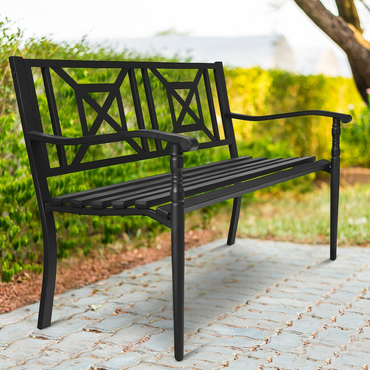 Patio Garden Bench with Powder Coated Steel Frame, Black Outdoor Benches at Gallery Canada