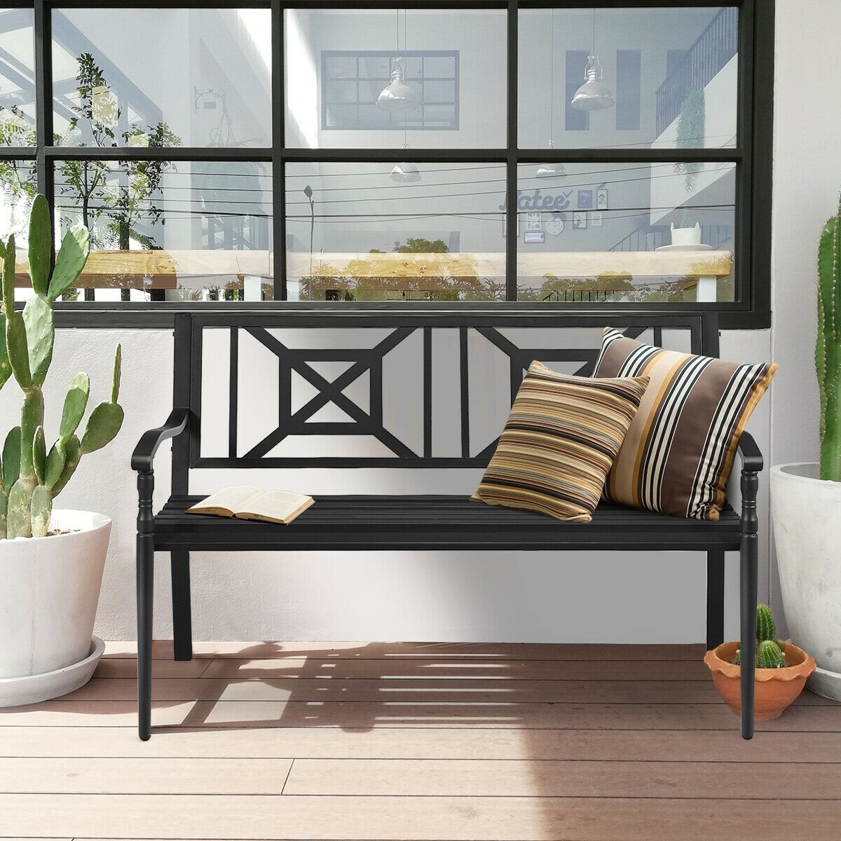 Patio Garden Bench with Powder Coated Steel Frame, Black Outdoor Benches at Gallery Canada