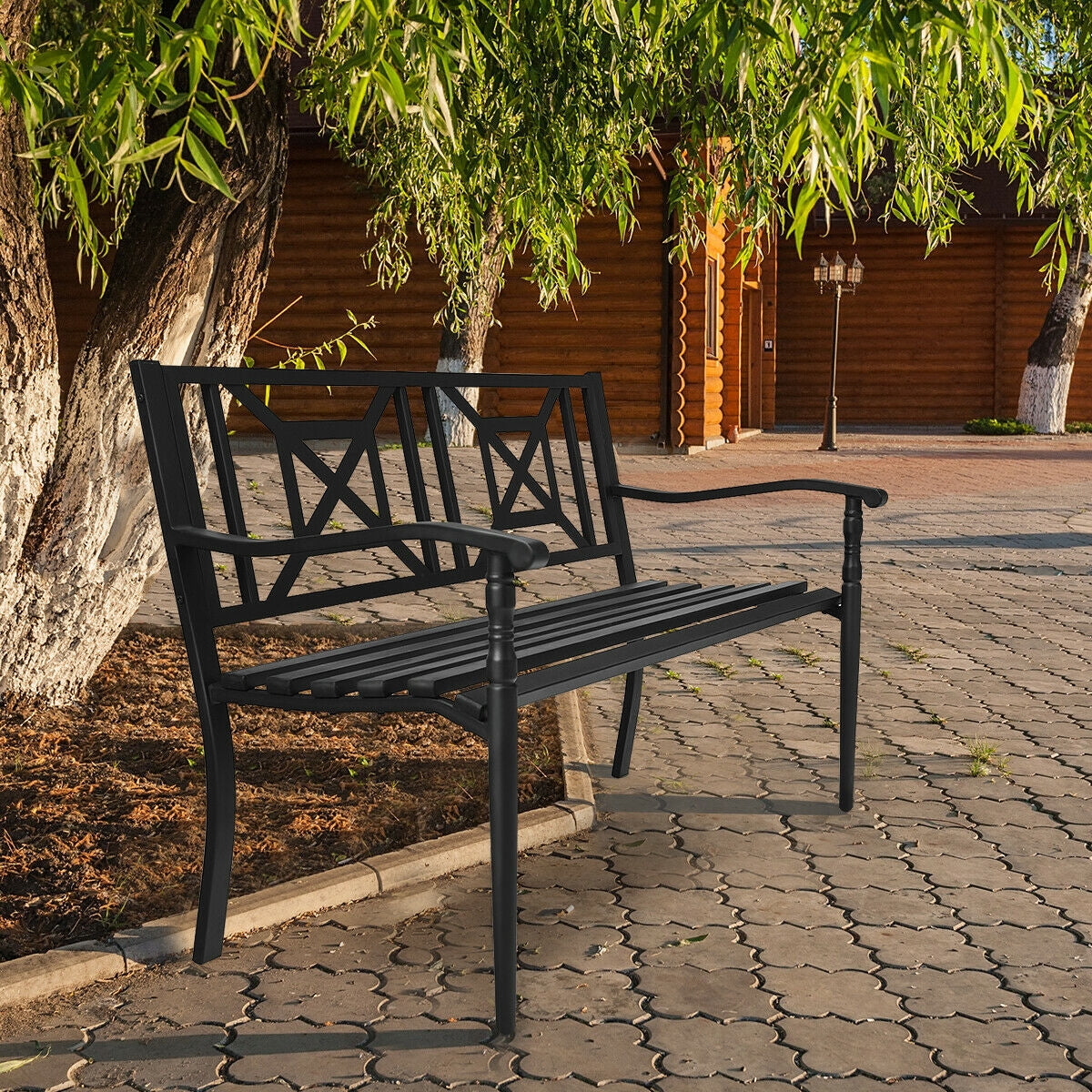 Patio Garden Bench with Powder Coated Steel Frame, Black Outdoor Benches at Gallery Canada