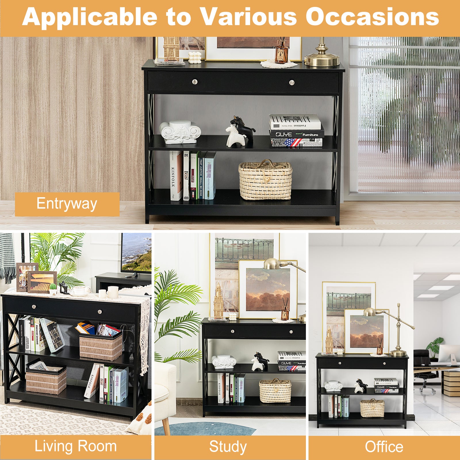 Console Table 3-Tier with Drawer and Storage Shelves, Black Console Tables at Gallery Canada