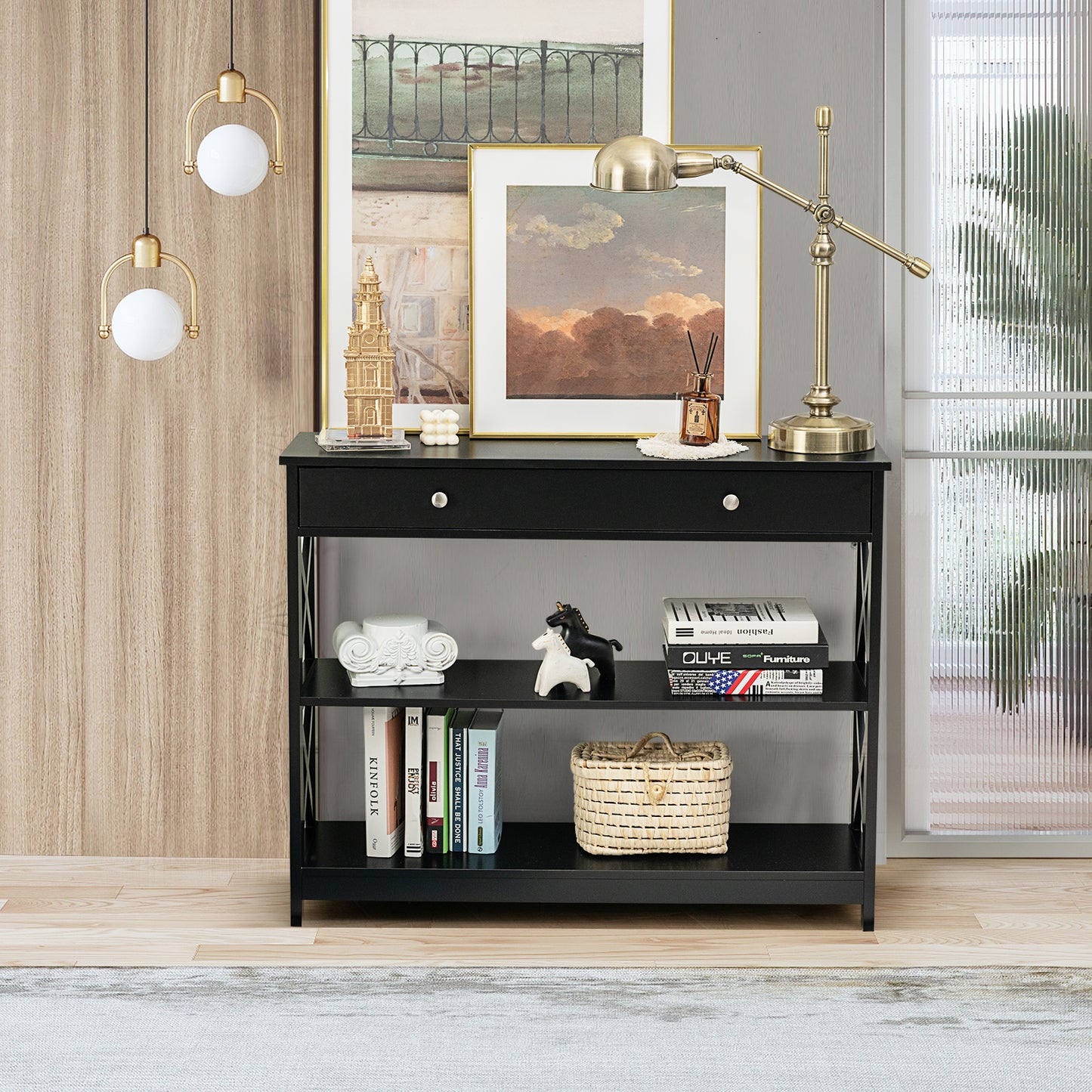 Console Table 3-Tier with Drawer and Storage Shelves, Black Console Tables at Gallery Canada