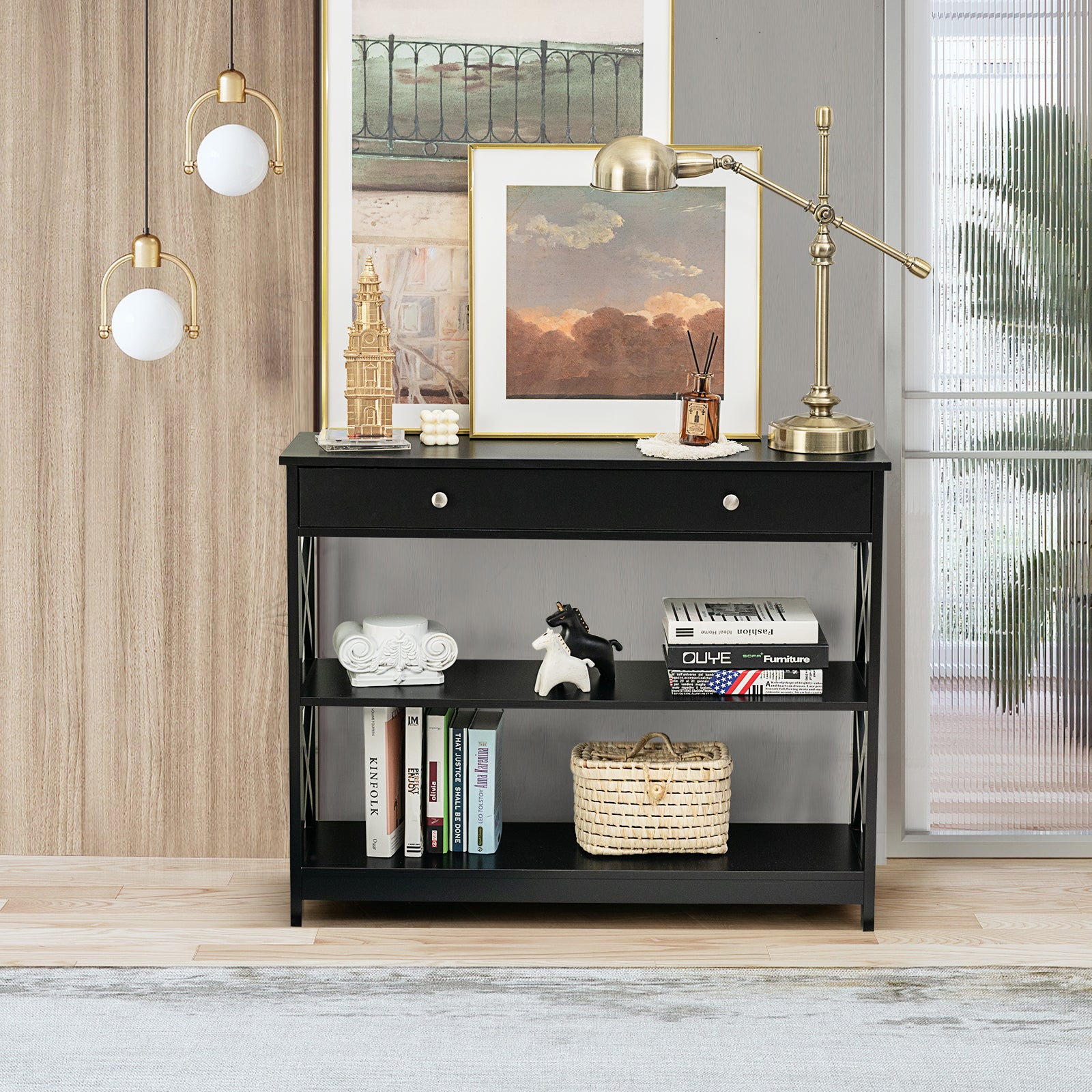 Console Table 3-Tier with Drawer and Storage Shelves, Black Console Tables at Gallery Canada