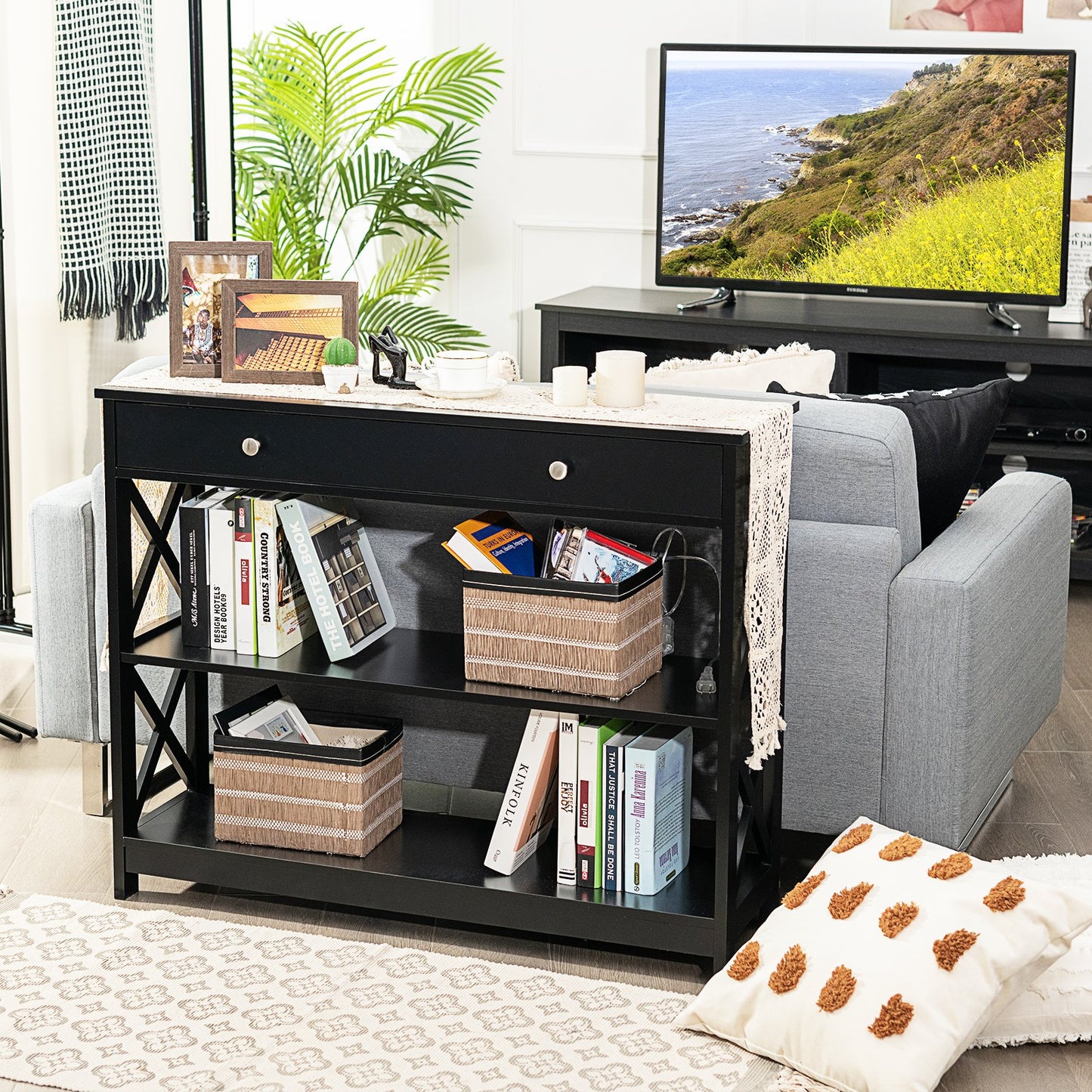Console Table 3-Tier with Drawer and Storage Shelves, Black - Gallery Canada
