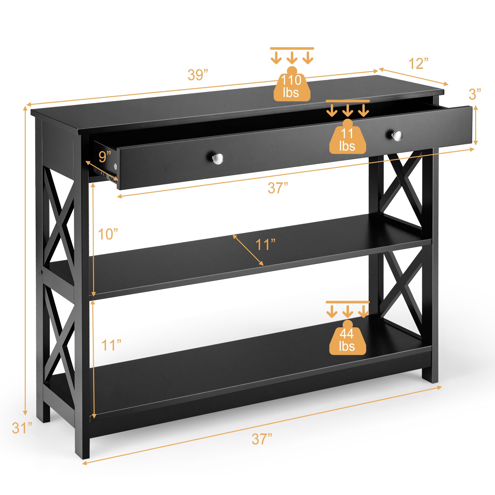 Console Table 3-Tier with Drawer and Storage Shelves, Black Console Tables at Gallery Canada