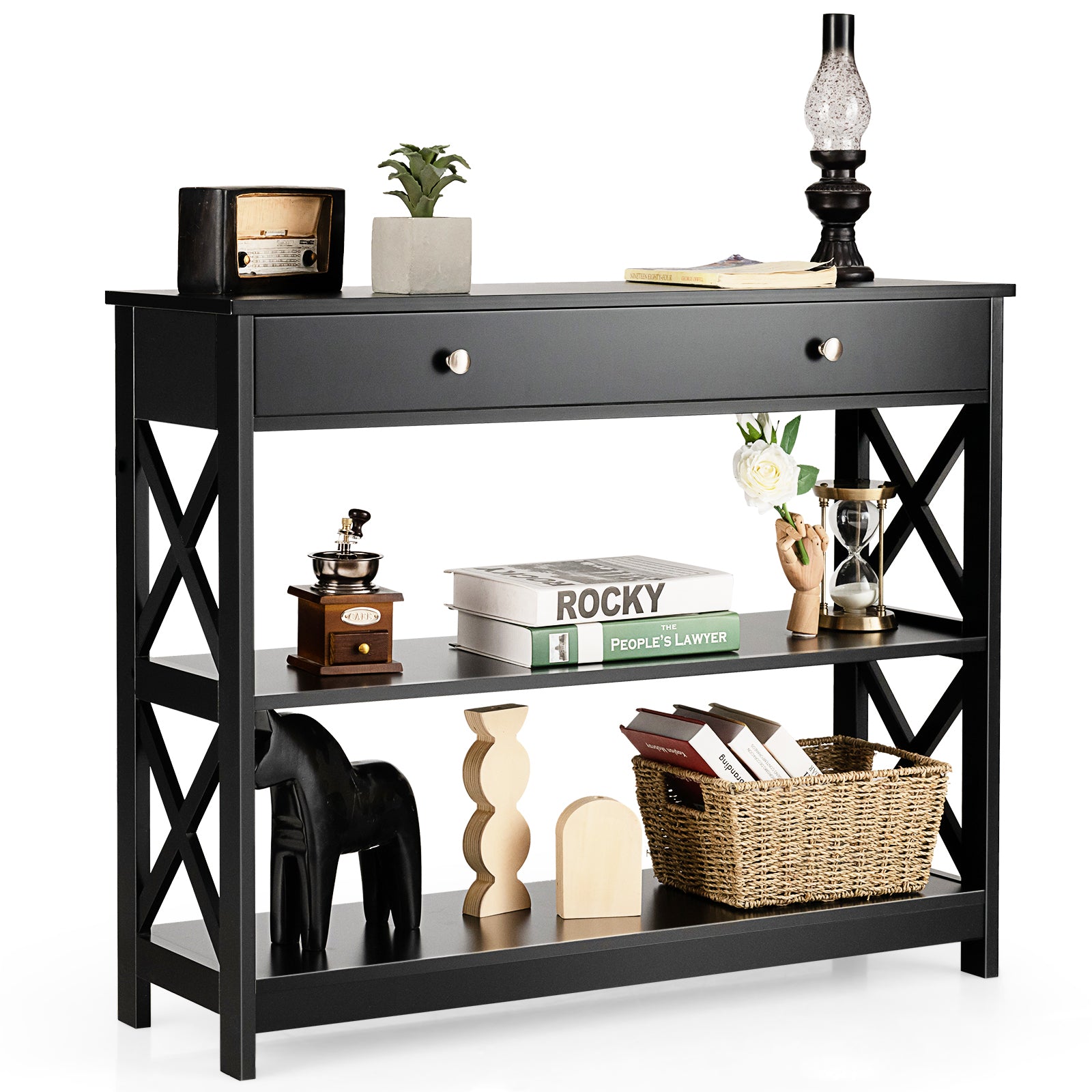 Console Table 3-Tier with Drawer and Storage Shelves, Black Console Tables at Gallery Canada