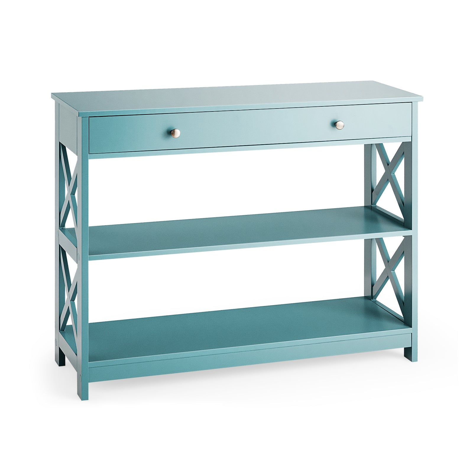 Console Table 3-Tier with Drawer and Storage Shelves, Turquoise Console Tables at Gallery Canada