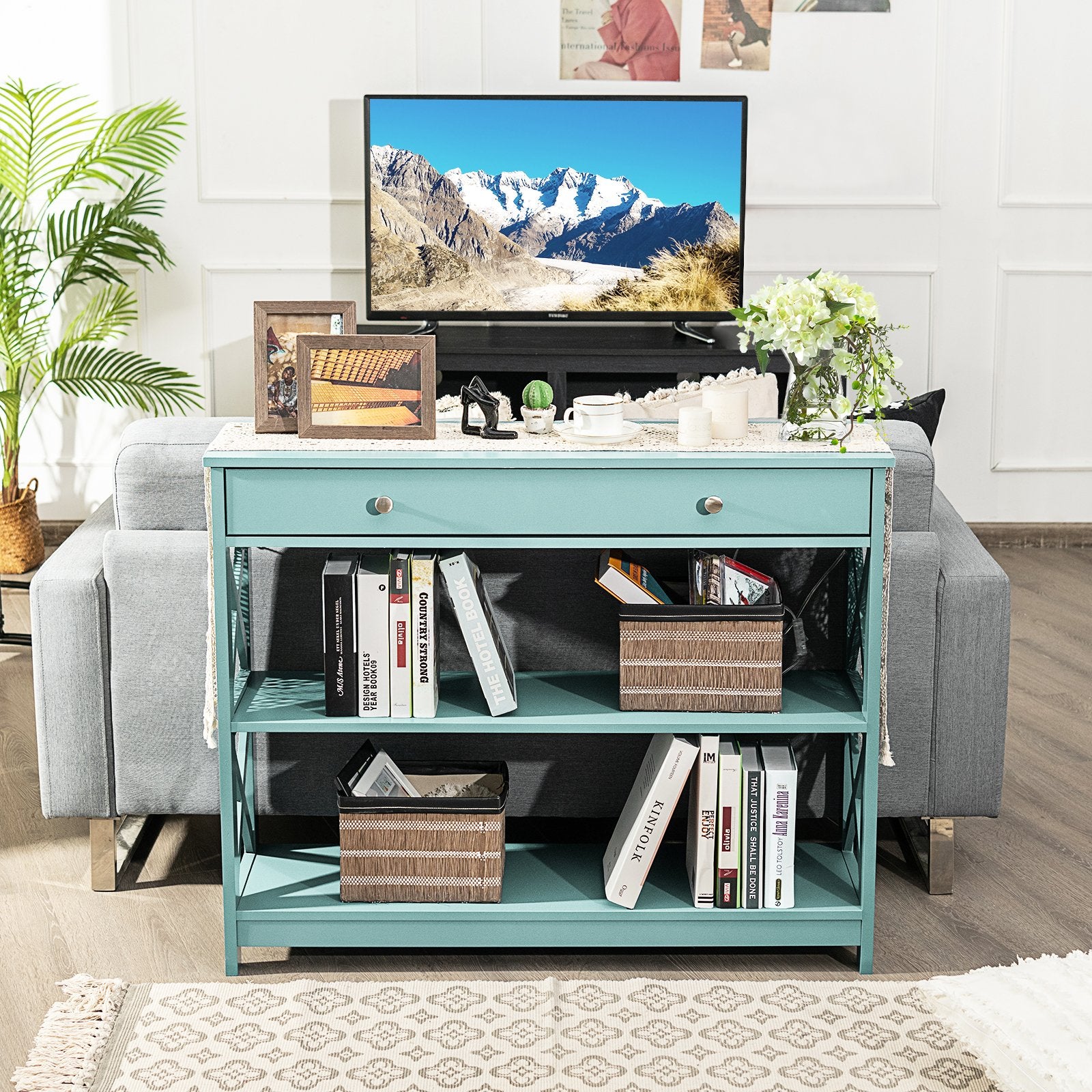Console Table 3-Tier with Drawer and Storage Shelves, Turquoise - Gallery Canada