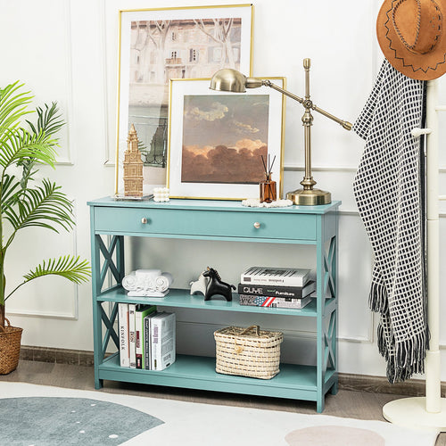 Console Table 3-Tier with Drawer and Storage Shelves, Turquoise