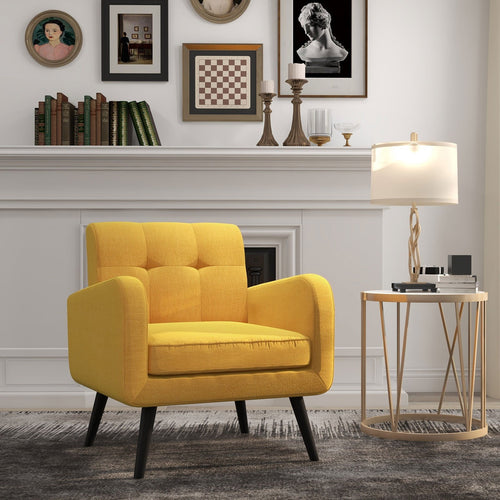 Modern Upholstered Comfy Accent Chair Single Sofa with Rubber Wood Legs, Yellow