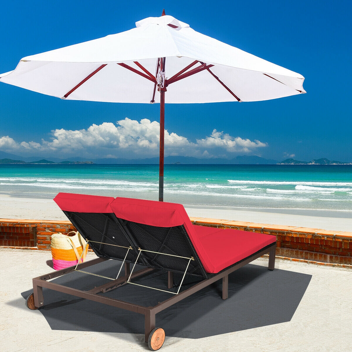 2-Person Patio Rattan Lounge Chair with Adjustable Backrest, Red Outdoor Chaise Lounges at Gallery Canada