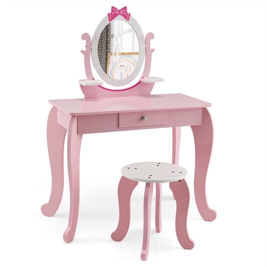 Kid Vanity Table Stool Set with Oval Rotatable Mirror, Pink - Gallery Canada