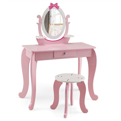Kid Vanity Table Stool Set with Oval Rotatable Mirror, Pink Kids Vanities Pink at Gallery Canada