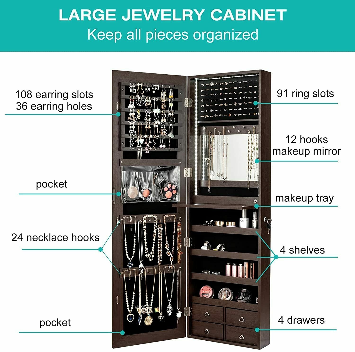 Multipurpose Storage Cabinet with 4 Drawers, Brown Jewelry Armoires at Gallery Canada