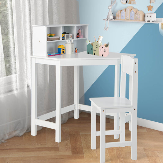 Kids Wooden Corner Desk and Chair Set with Hutch and Storage, White Kids Table & Chair Sets White at Gallery Canada