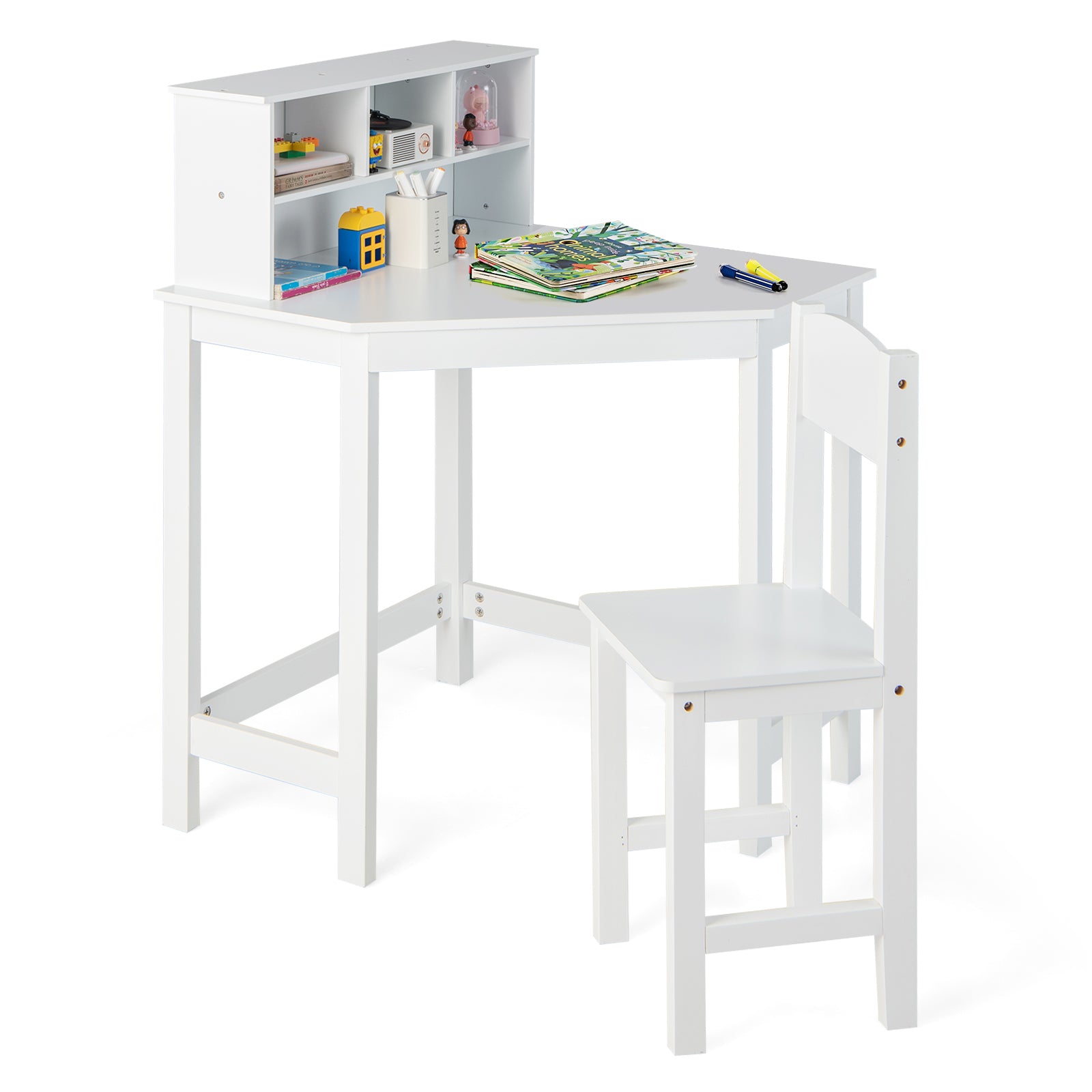 Kids Wooden Corner Desk and Chair Set with Hutch and Storage, White Kids Table & Chair Sets at Gallery Canada