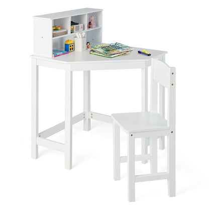 Kids Wooden Corner Desk and Chair Set with Hutch and Storage, White Kids Table & Chair Sets at Gallery Canada