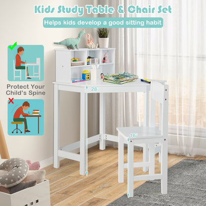 Kids Wooden Corner Desk and Chair Set with Hutch and Storage, White Kids Table & Chair Sets at Gallery Canada