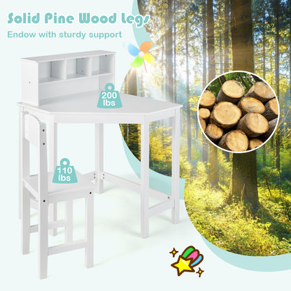Kids Wooden Corner Desk and Chair Set with Hutch and Storage, White Kids Table & Chair Sets at Gallery Canada