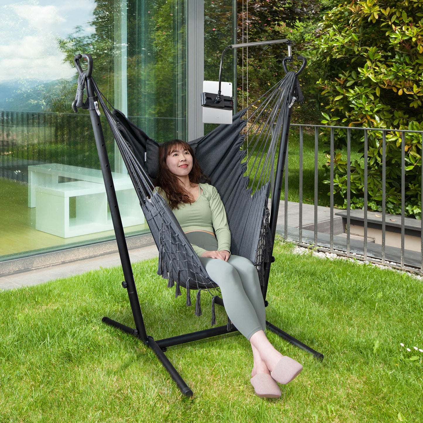 Height Adjustable Hammock Chair with Phone Holder and Side Pocket, Gray - Gallery Canada