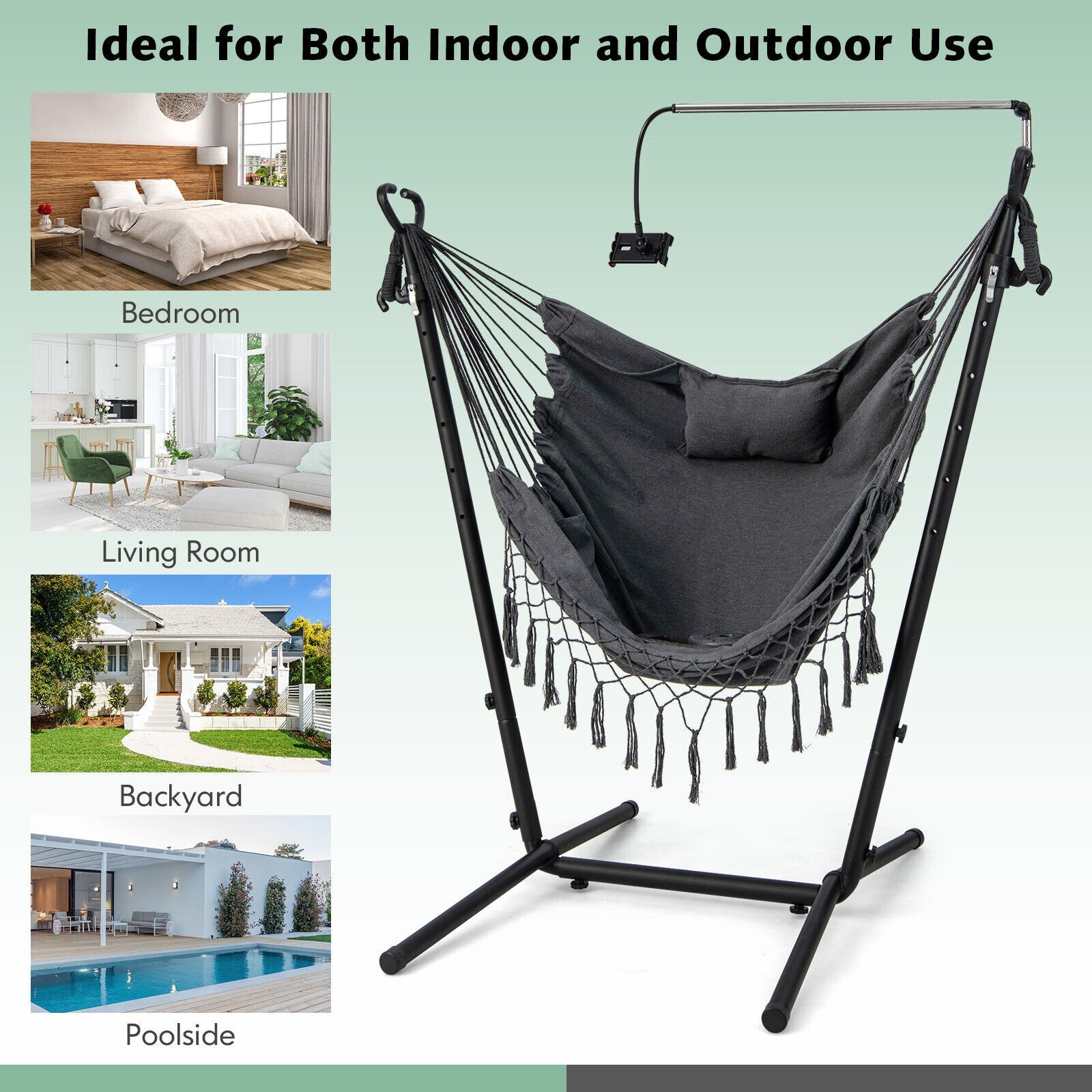 Height Adjustable Hammock Chair with Phone Holder and Side Pocket, Gray - Gallery Canada