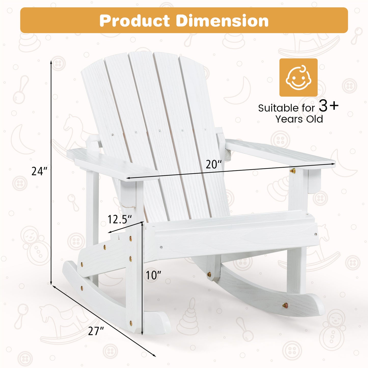 Outdoor Wooden Kid Adirondack Rocking Chair with Slatted Seat, White Kids Chairs & Seating at Gallery Canada