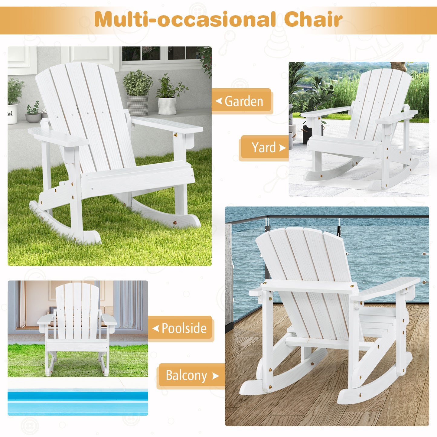 Outdoor Wooden Kid Adirondack Rocking Chair with Slatted Seat, White Kids Chairs & Seating at Gallery Canada
