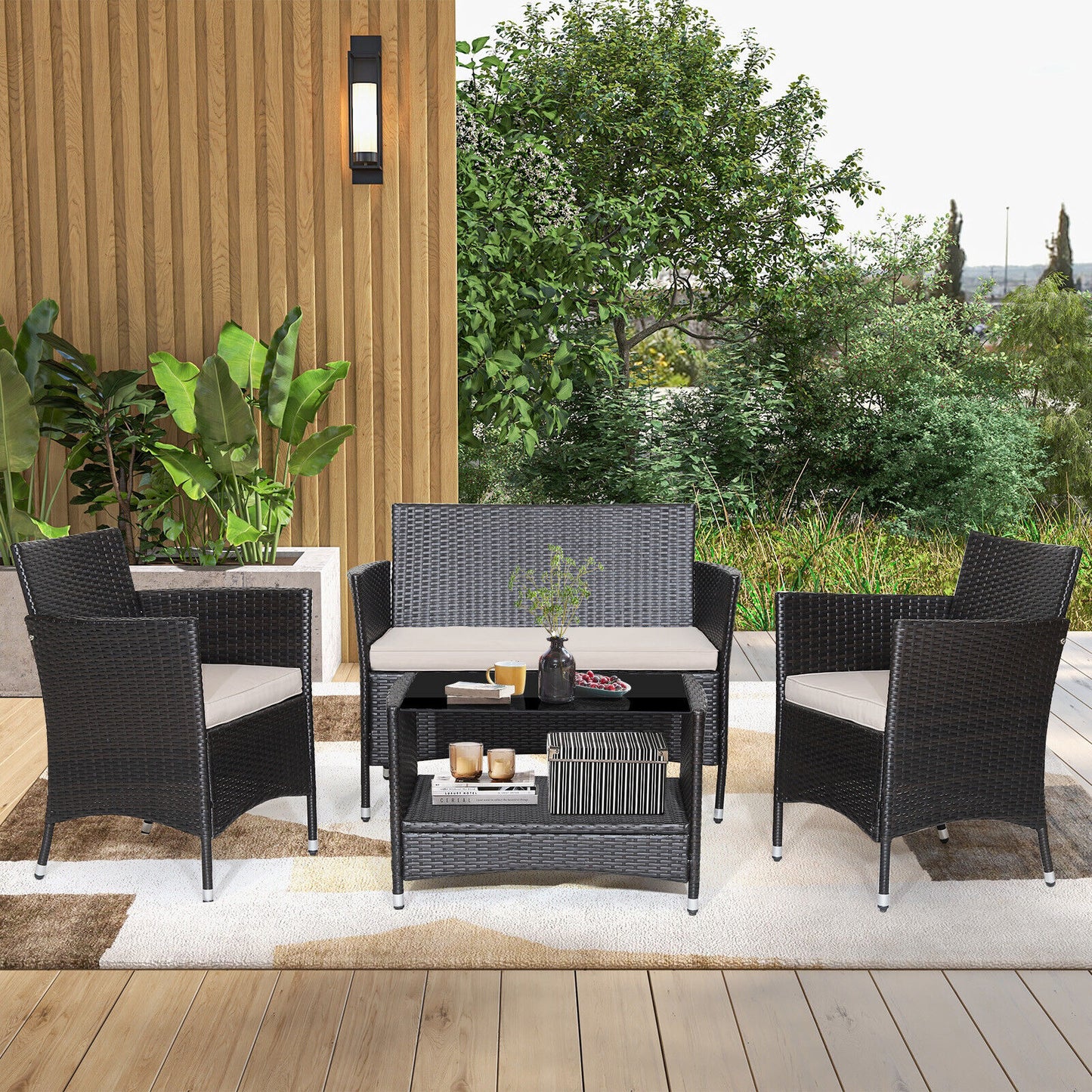 4 Piece Patio Conversation Set, With Cushions And Tempered Glass Tabletop, Brown Patio Furniture Sets at Gallery Canada