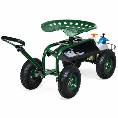 Heavy Duty Garden Cart with Tool Tray and 360 Swivel Seat, Green - Gallery Canada