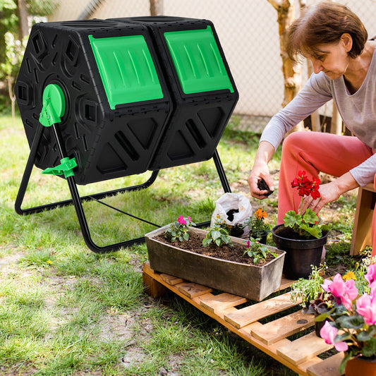 Dual Chamber Garden Compost Tumbler with Sliding Doors, Black & Green - Gallery Canada
