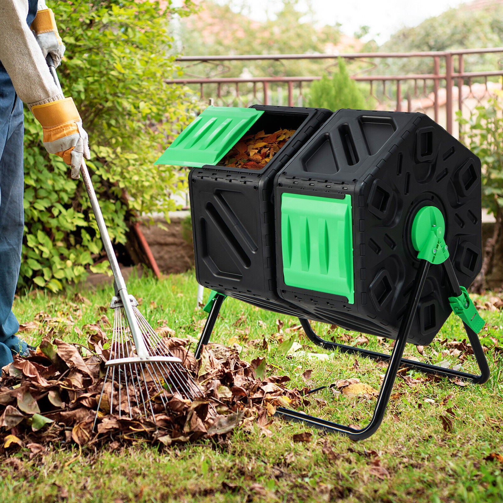 Dual Chamber Garden Compost Tumbler, Black & Green Garden Tools at Gallery Canada
