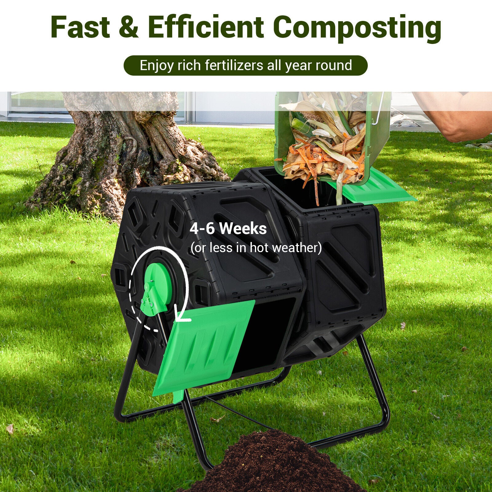 Dual Chamber Garden Compost Tumbler, Black & Green Garden Tools at Gallery Canada