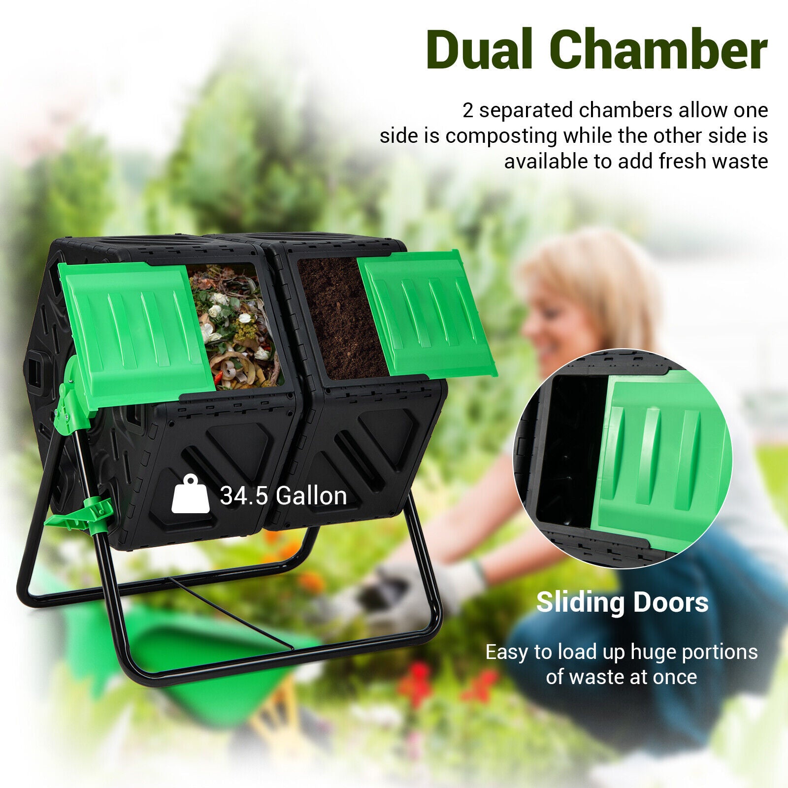 Dual Chamber Garden Compost Tumbler, Black & Green Garden Tools at Gallery Canada